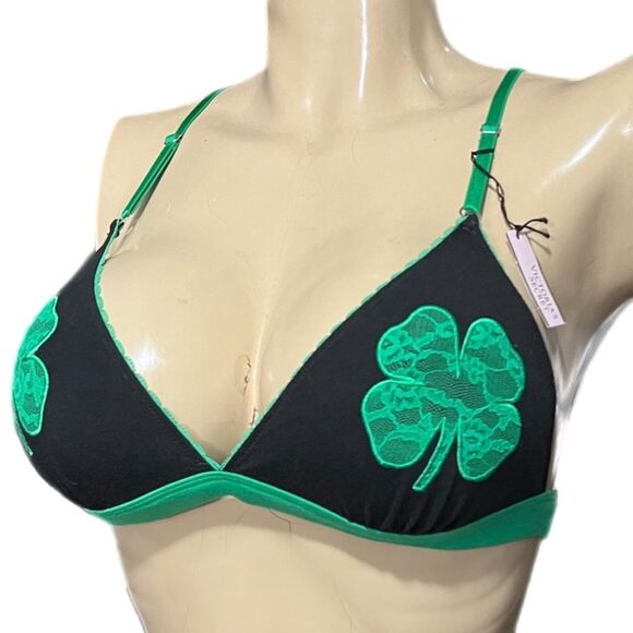 Victoria's Secret St. Patrick's Day Shamrock Unlined Bralette Bra Black … - Picture 2 of 6